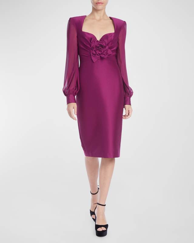 Illusion-Sleeve Sweetheart Mikado Midi Dress